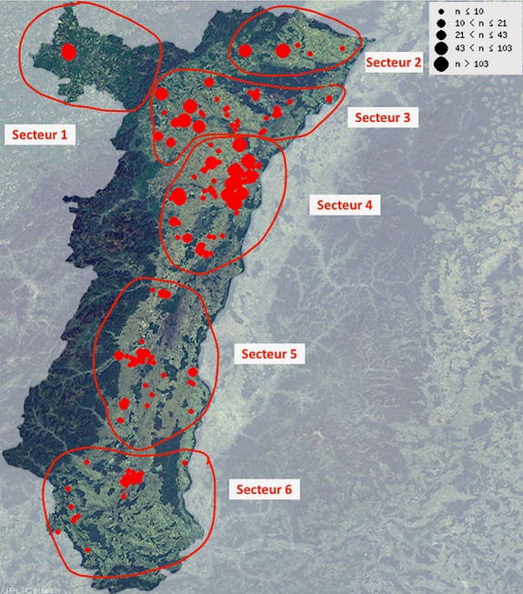 Carte des secteurs de prospection et emplacements des colonies en 2023